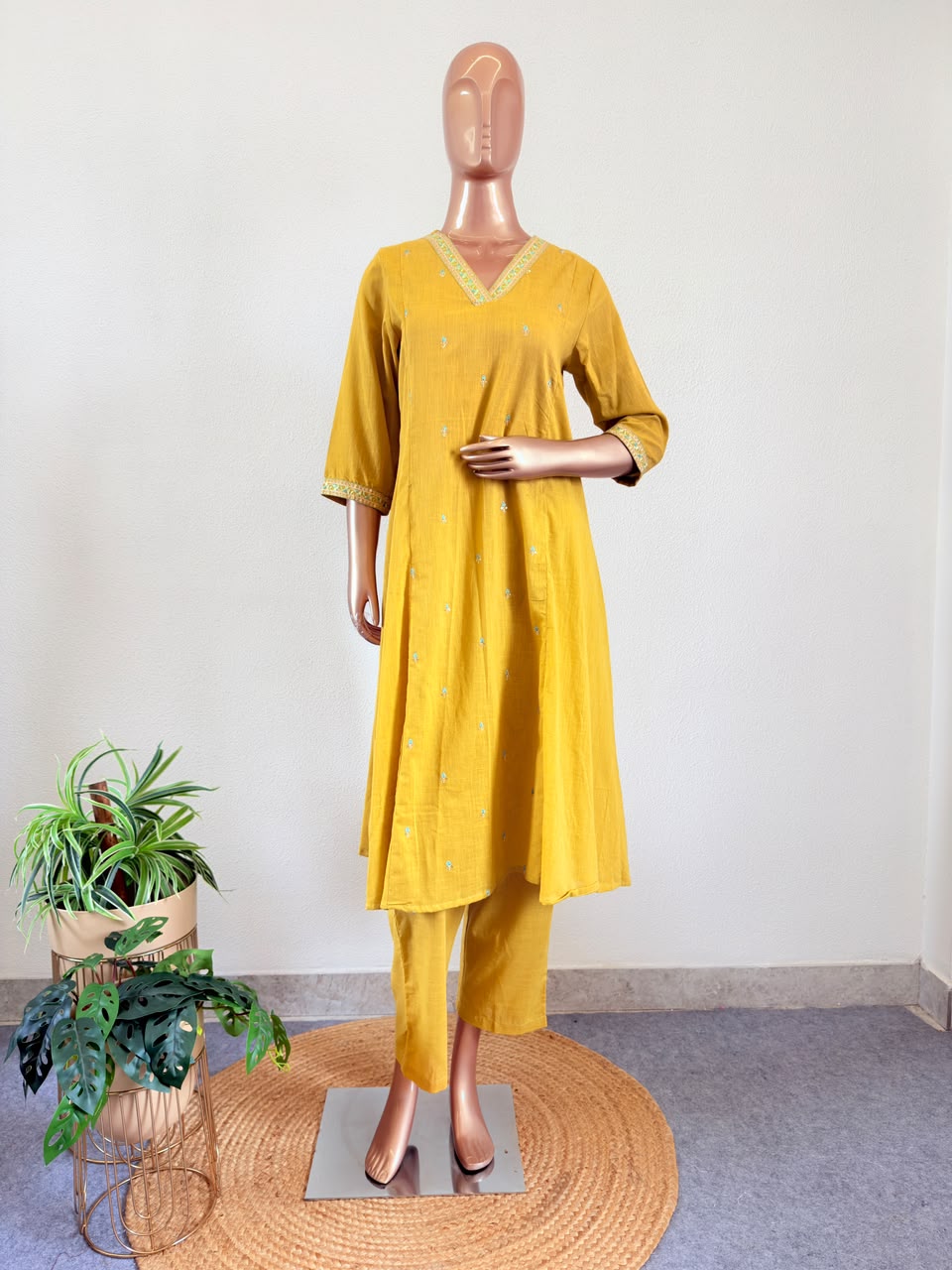 Embroidered V-Neck A-Line Suit Set with Kota Doria Dupatta