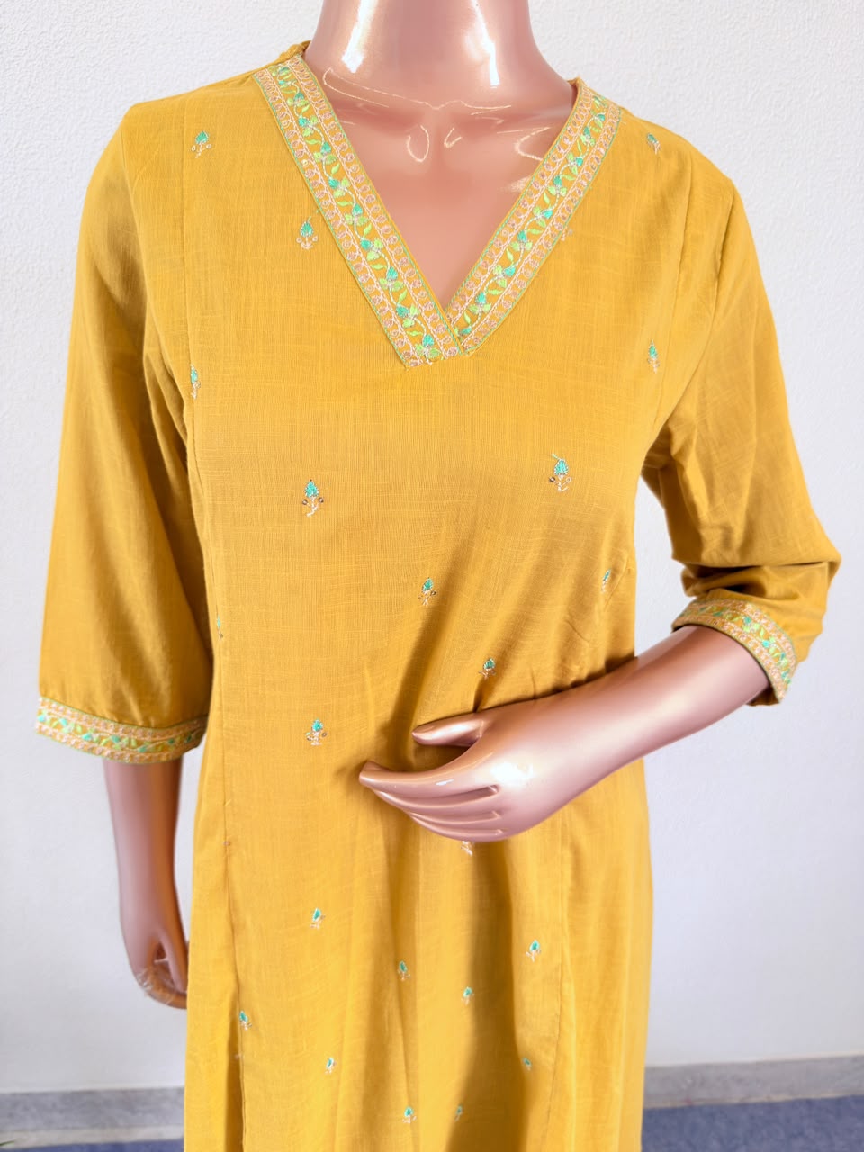 Embroidered V-Neck A-Line Suit Set with Kota Doria Dupatta
