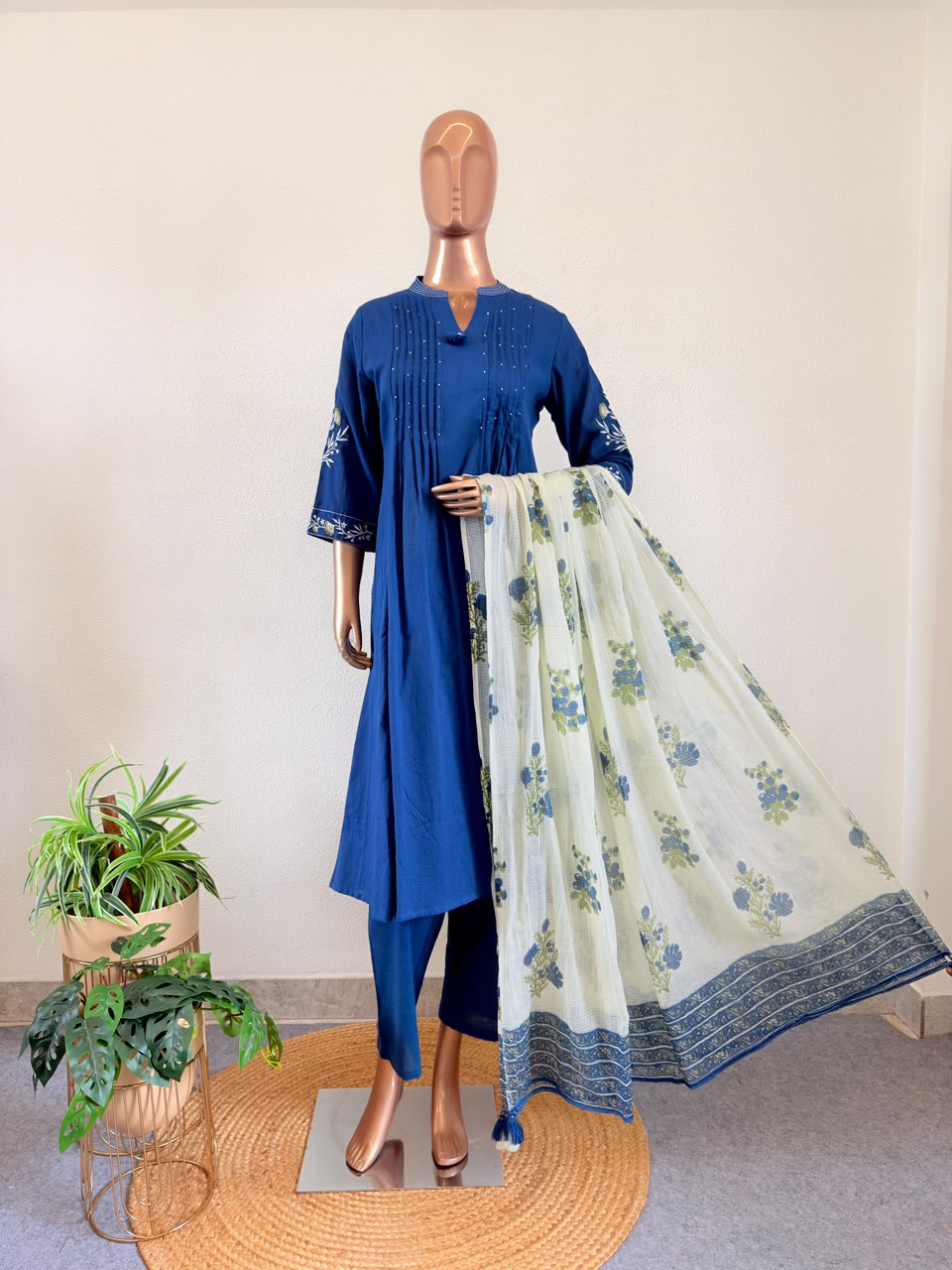 Indigo Blue Cotton Flex Suit Set with Embroidered Split V-Neck with Kota Doria Dupatta