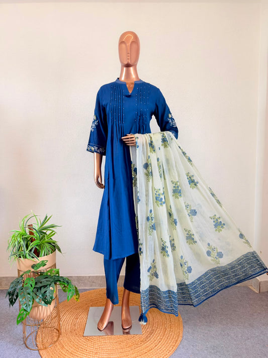 Indigo Blue Cotton Flex Suit Set with Embroidered Split V-Neck with Kota Doria Dupatta