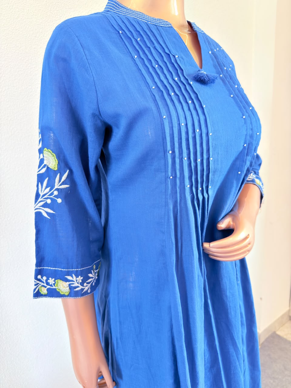 Indigo Blue Cotton Flex Suit Set with Embroidered Split V-Neck with Kota Doria Dupatta