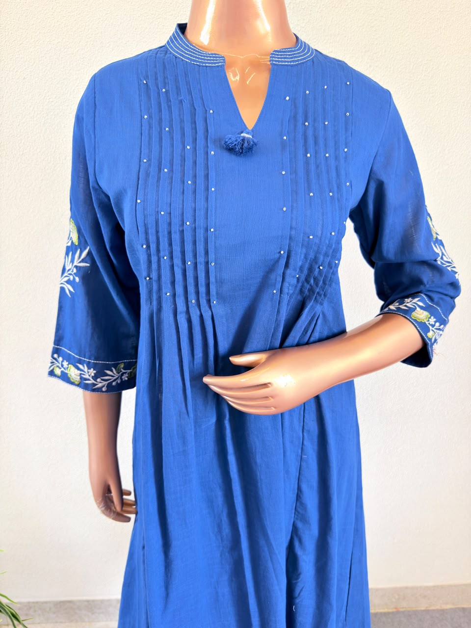 Indigo Blue Cotton Flex Suit Set with Embroidered Split V-Neck with Kota Doria Dupatta