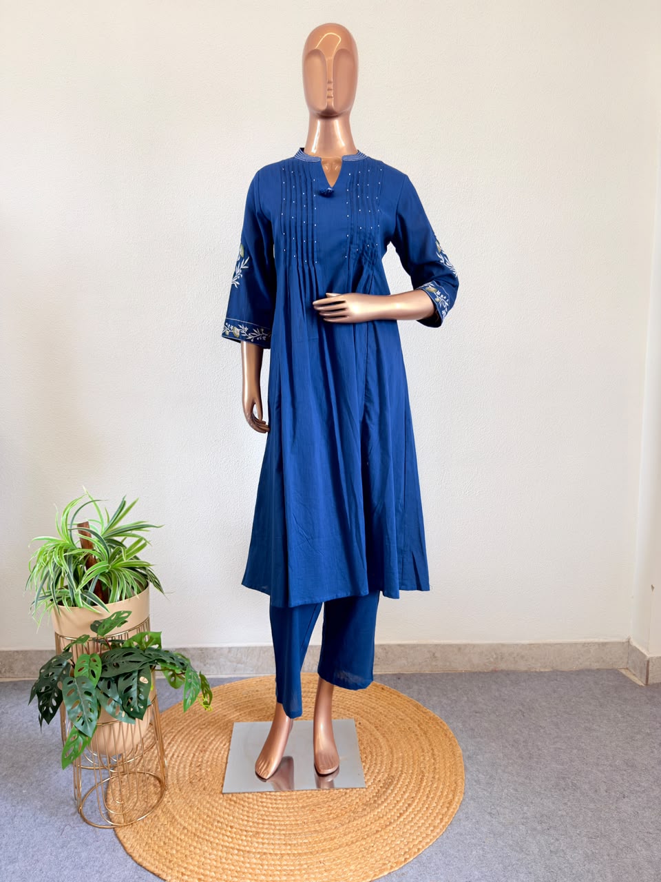 Indigo Blue Cotton Flex Suit Set with Embroidered Split V-Neck with Kota Doria Dupatta