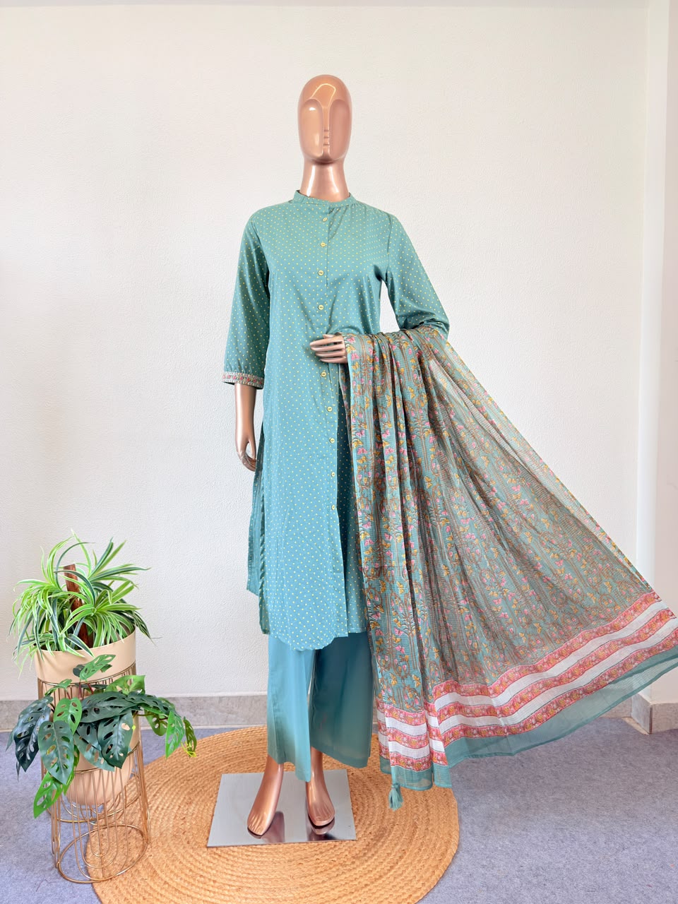 Polka Dot Print Front-Button Tunic Set with Trousers & Kota Doria Dupatta