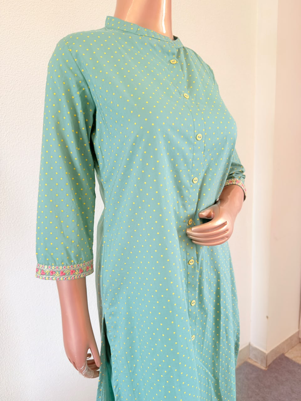 Polka Dot Print Front-Button Tunic Set with Trousers & Kota Doria Dupatta