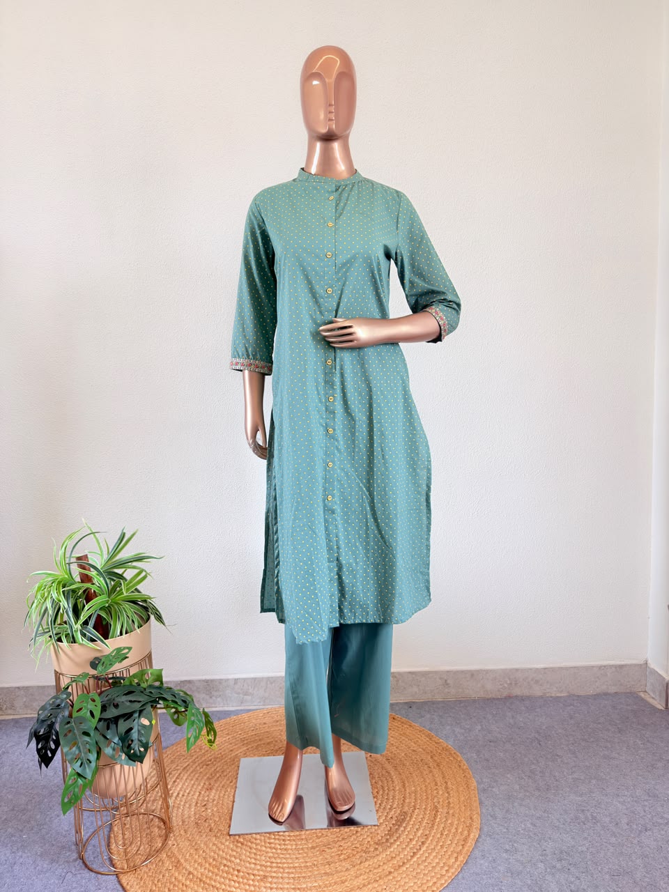 Polka Dot Print Front-Button Tunic Set with Trousers & Kota Doria Dupatta