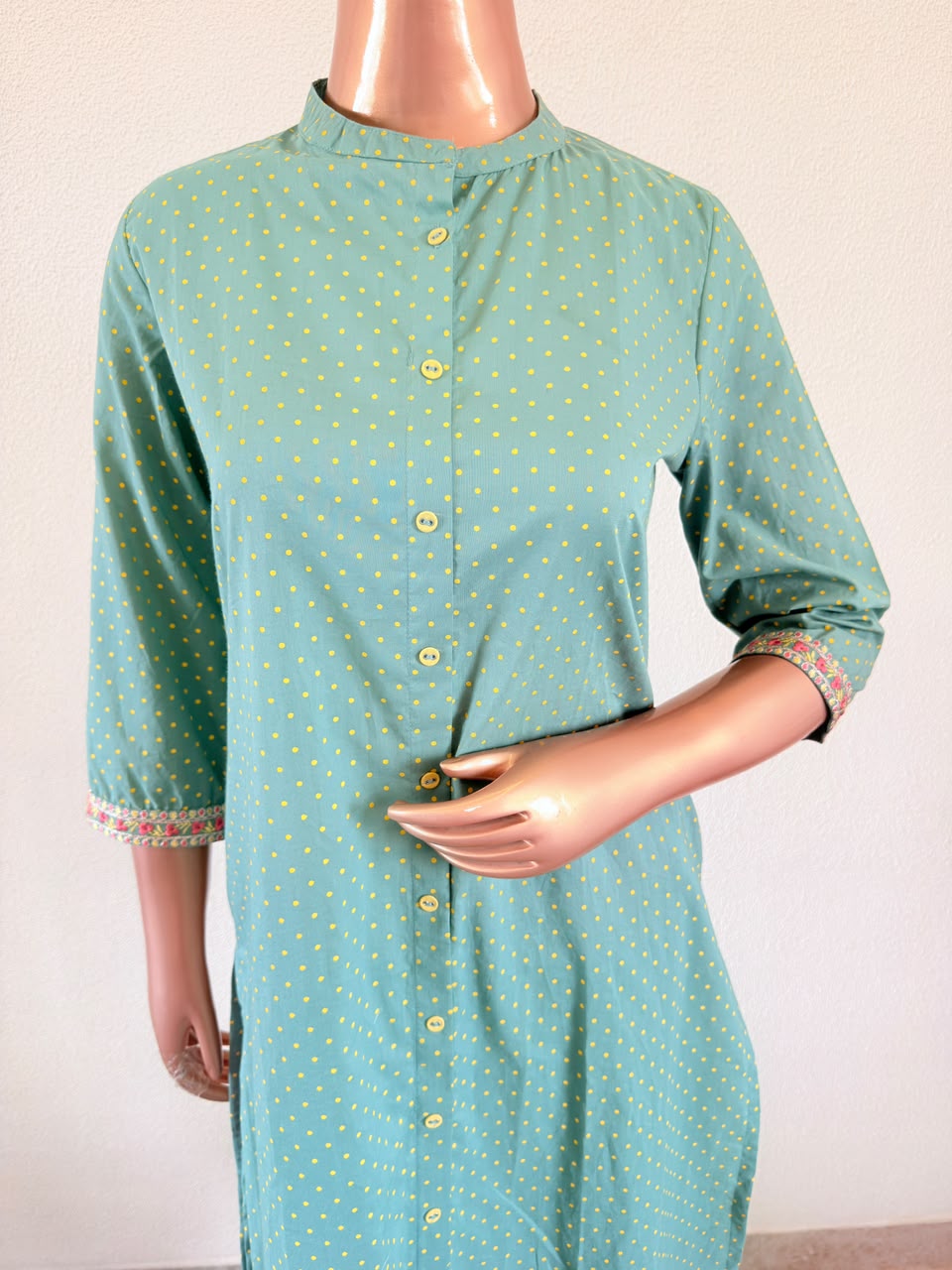 Polka Dot Print Front-Button Tunic Set with Trousers & Kota Doria Dupatta