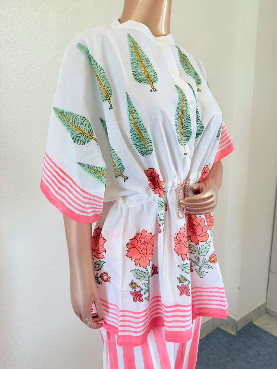 Block Print Kaftan Top & Striped Trousers Co-Ord Set with Drawstring Waist