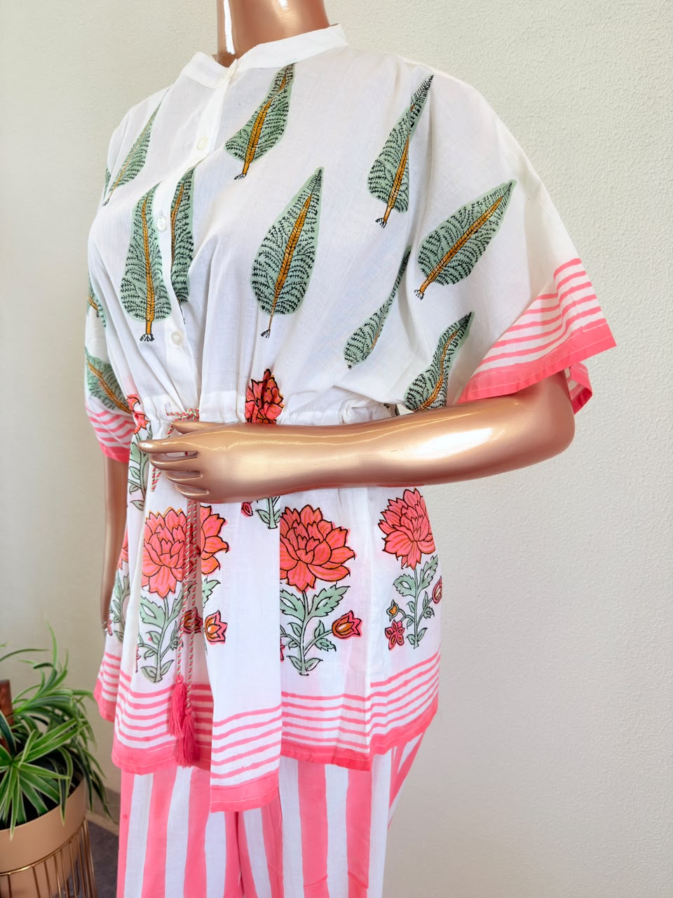 Block Print Kaftan Top & Striped Trousers Co-Ord Set with Drawstring Waist