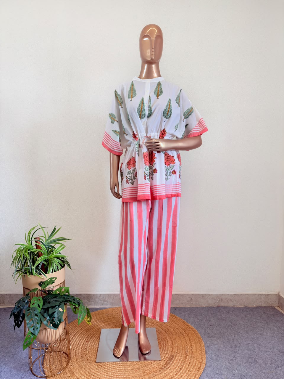 Block Print Kaftan Top & Striped Trousers Co-Ord Set with Drawstring Waist