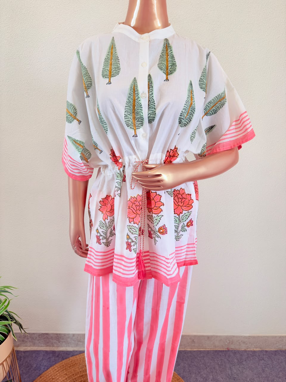 Block Print Kaftan Top & Striped Trousers Co-Ord Set with Drawstring Waist