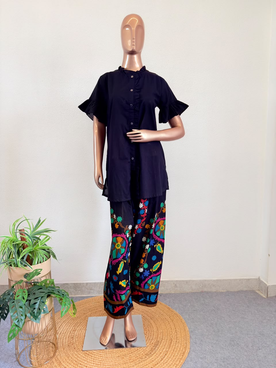 Ruffled Collar Black Coord Set with Multi-Color Folk Embroidered Pant