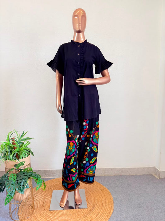 Ruffled Collar Black Coord Set with Multi-Color Folk Embroidered Pant