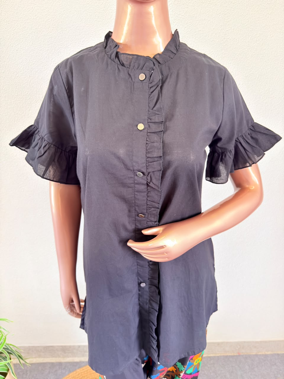 Ruffled Collar Black Coord Set with Multi-Color Folk Embroidered Pant