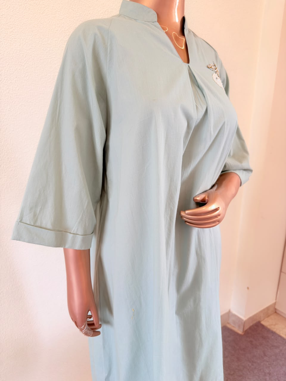 Powder Blue Cotton A-Line Tunic with Hand-Detailed Chest Patch