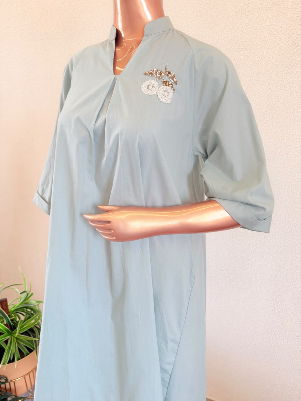 Powder Blue Cotton A-Line Tunic with Hand-Detailed Chest Patch