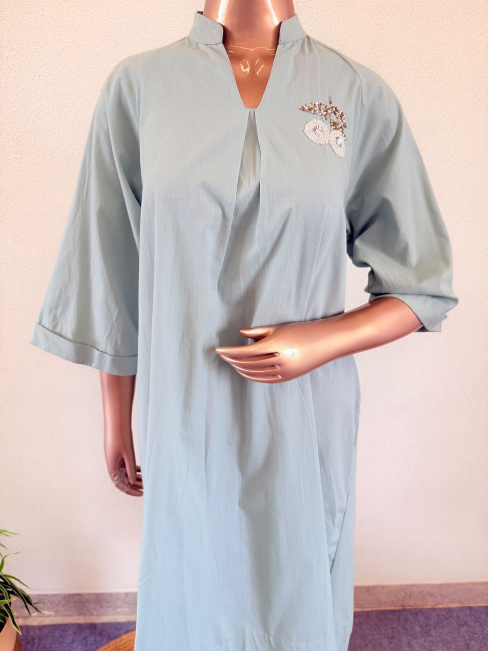 Powder Blue Cotton A-Line Tunic with Hand-Detailed Chest Patch