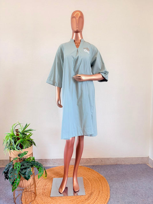 Powder Blue Cotton A-Line Tunic with Hand-Detailed Chest Patch