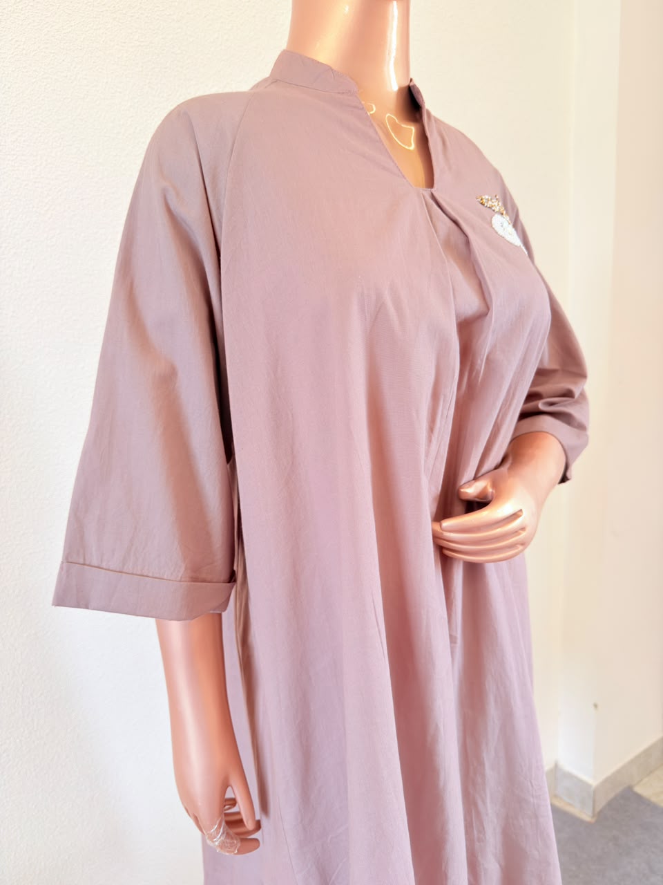 Mauve Cotton A-Line Tunic with Hand-Detailed Chest Patch
