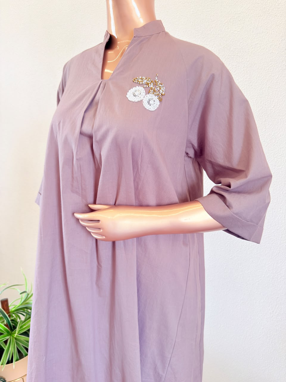 Mauve Cotton A-Line Tunic with Hand-Detailed Chest Patch