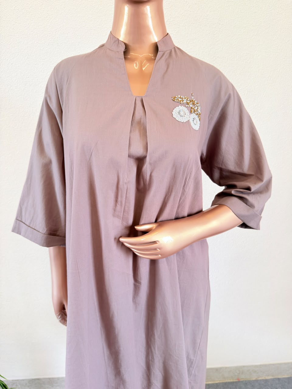 Mauve Cotton A-Line Tunic with Hand-Detailed Chest Patch
