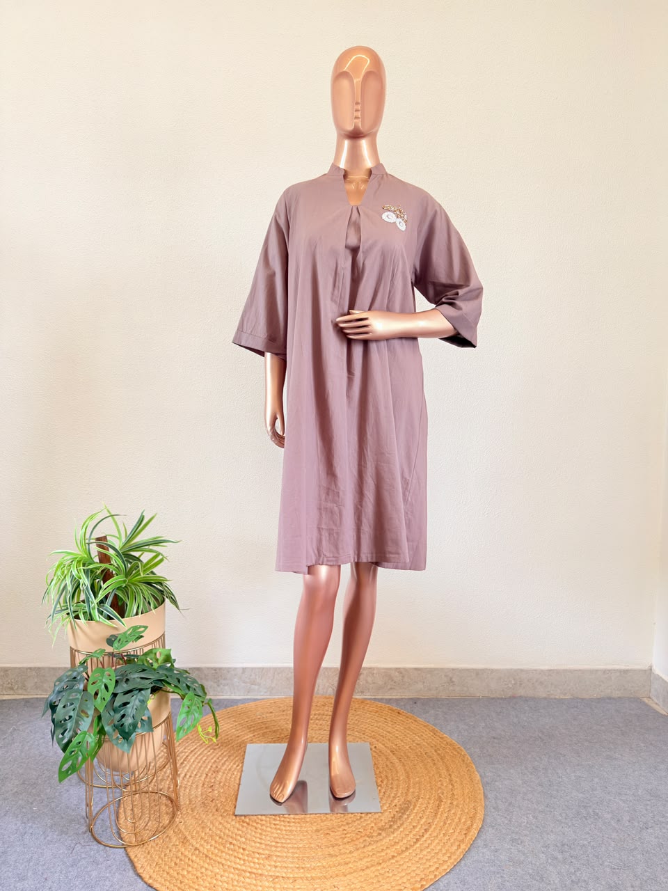 Mauve Cotton A-Line Tunic with Hand-Detailed Chest Patch