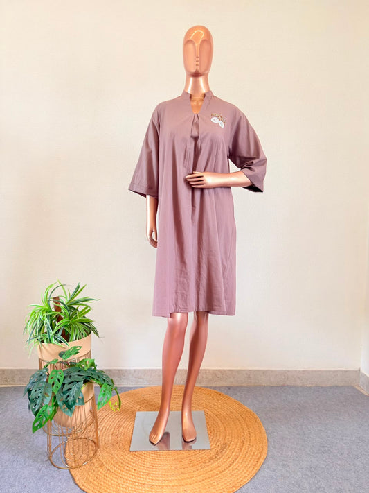 Mauve Cotton A-Line Tunic with Hand-Detailed Chest Patch