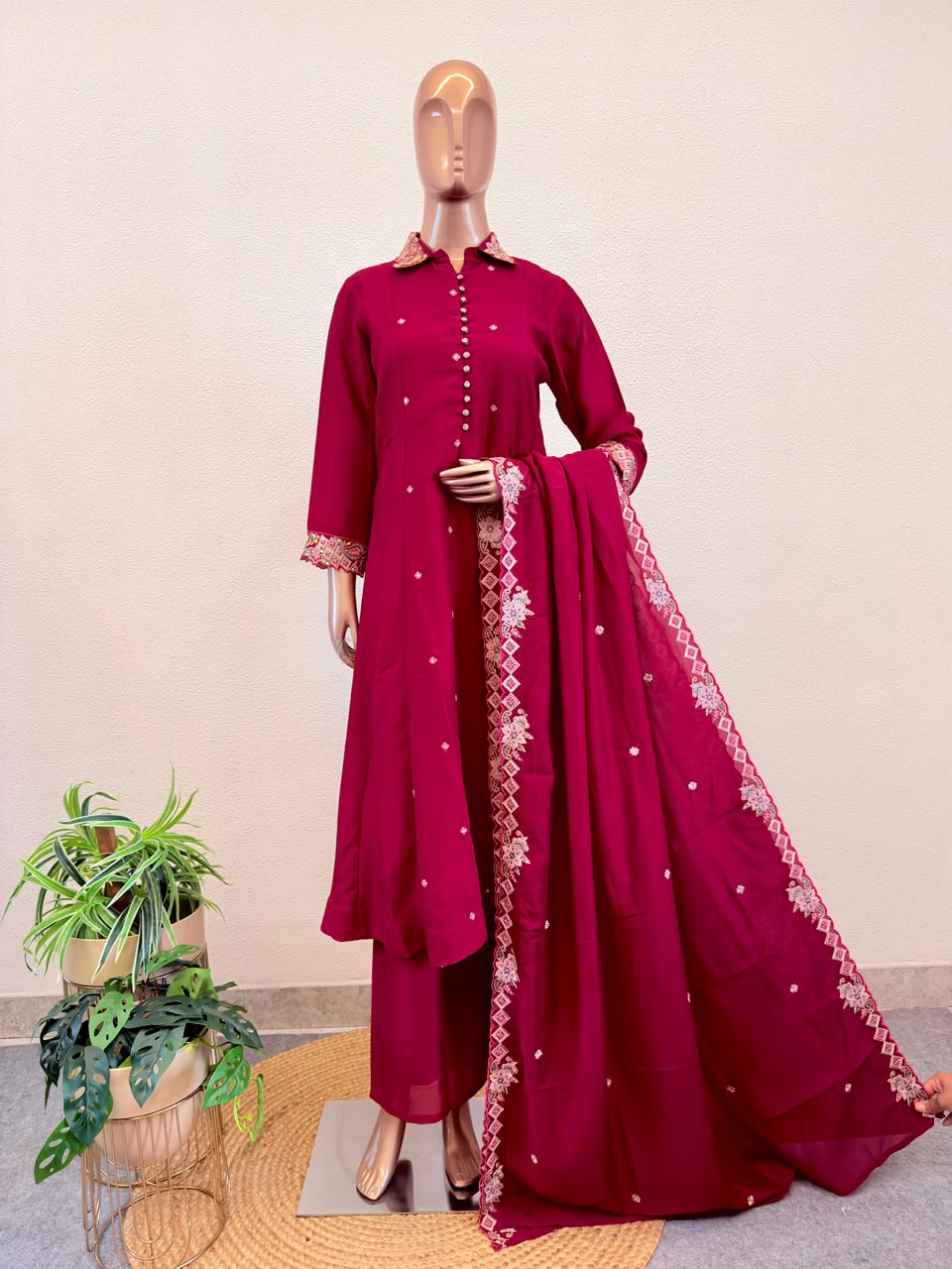 Embroidered Collar Shirt-Style Suit Set with Palazzo & Dupatta