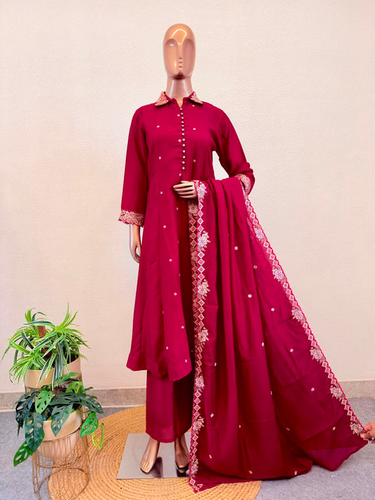 Embroidered Collar Shirt-Style Suit Set with Palazzo & Dupatta