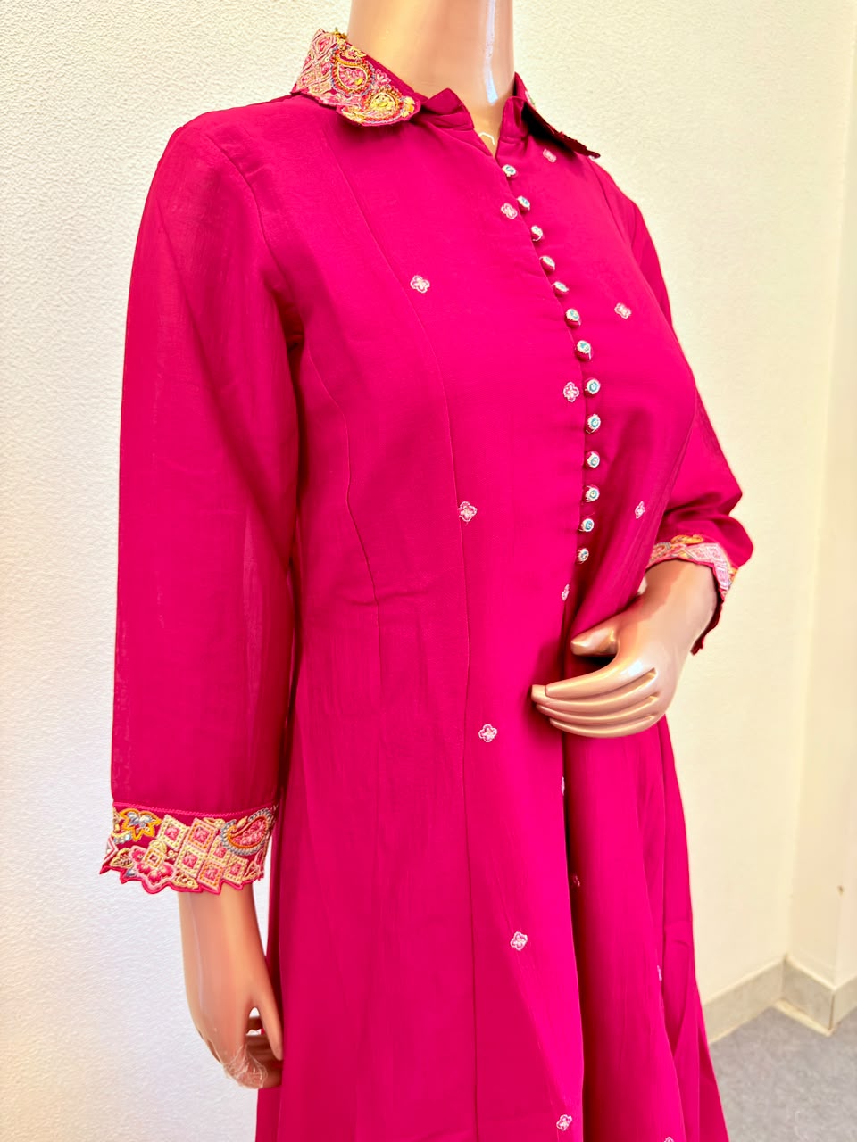Embroidered Collar Shirt-Style Suit Set with Palazzo & Dupatta