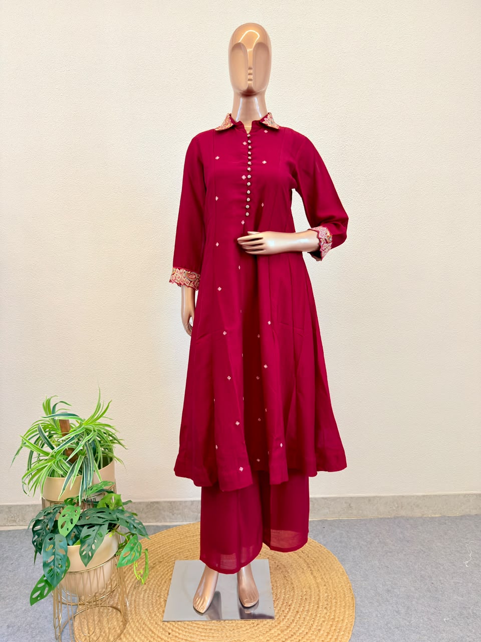 Embroidered Collar Shirt-Style Suit Set with Palazzo & Dupatta