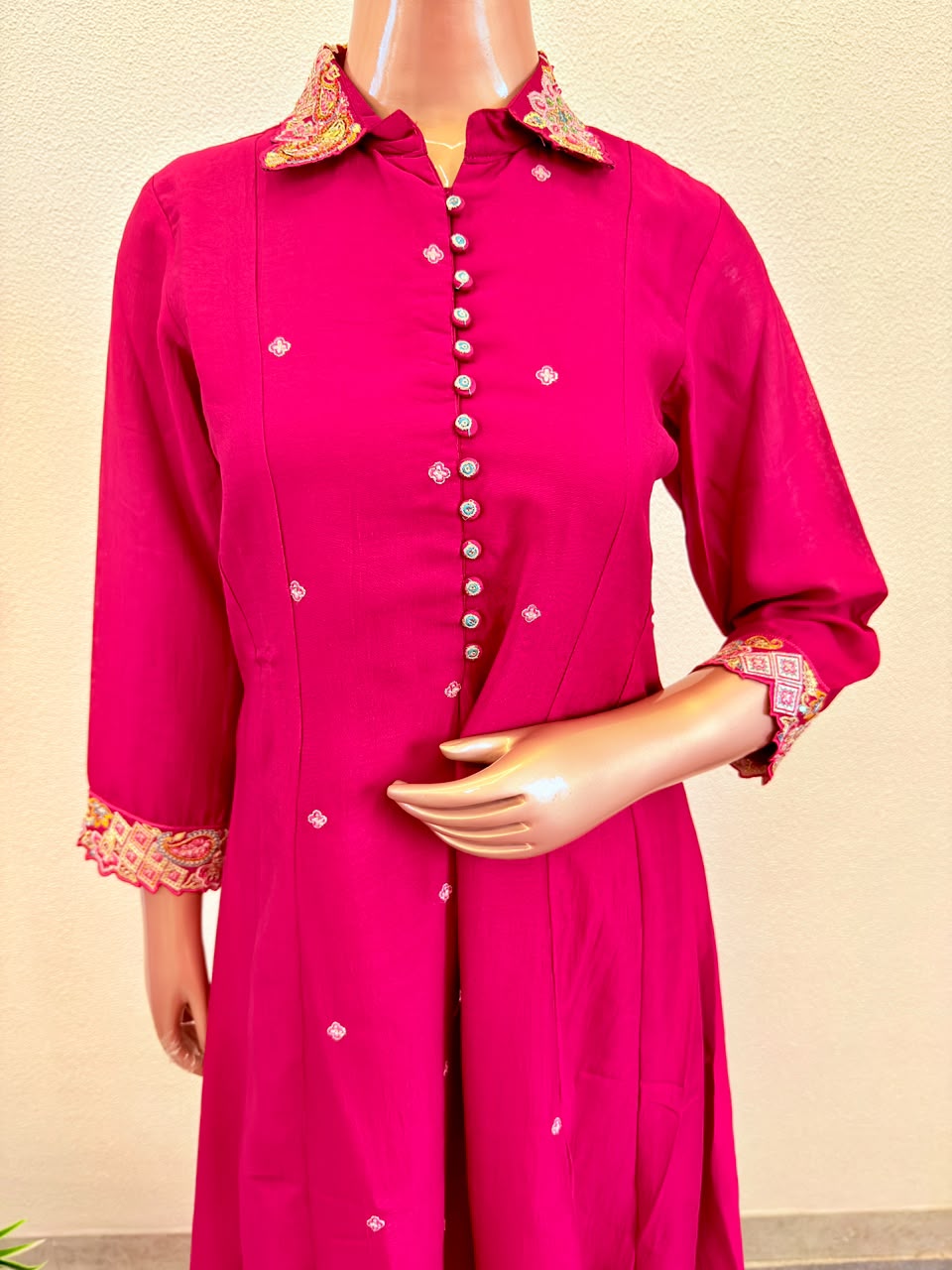 Embroidered Collar Shirt-Style Suit Set with Palazzo & Dupatta