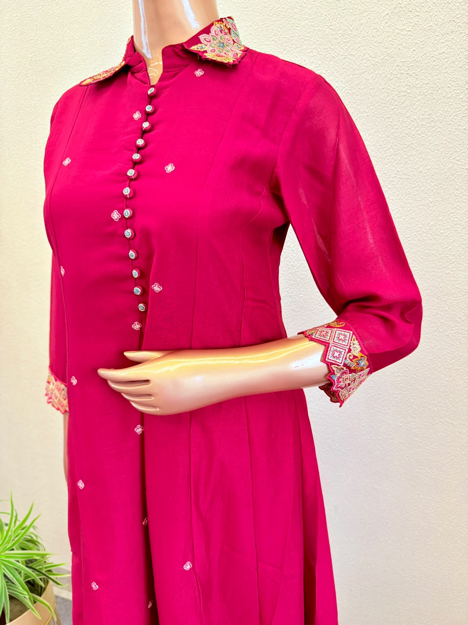 Embroidered Collar Shirt-Style Suit Set with Palazzo & Dupatta
