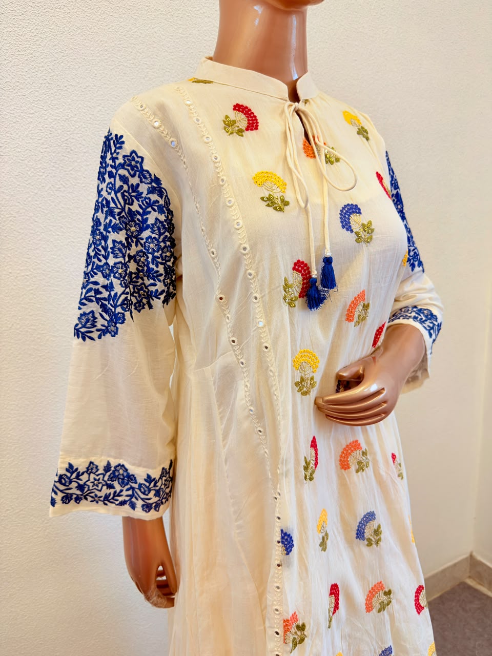 Ivory Kora Cotton Kalidar Suit Set with Embroidered Details