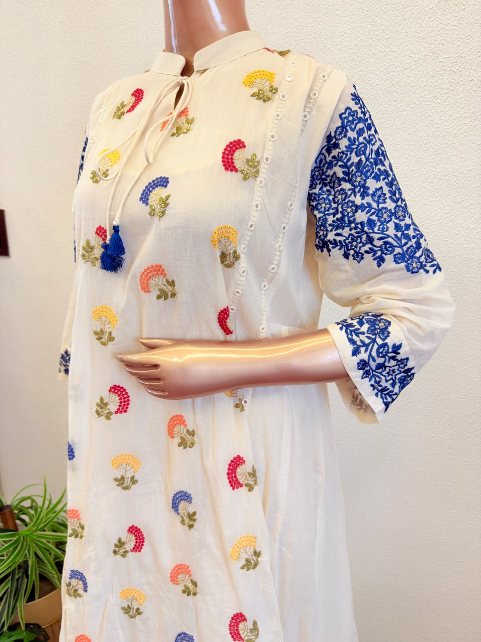 Ivory Kora Cotton Kalidar Suit Set with Embroidered Details