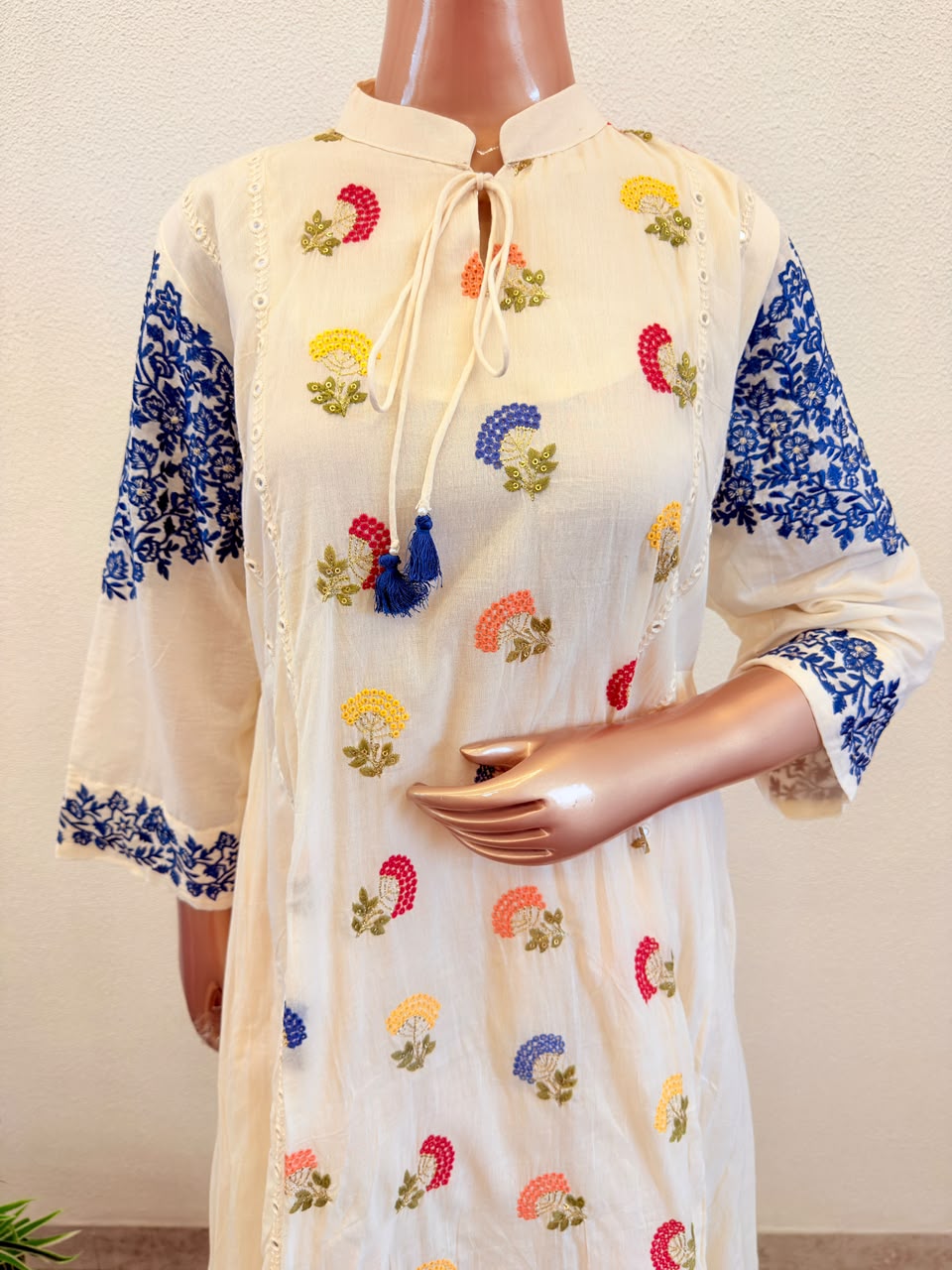 Ivory Kora Cotton Kalidar Suit Set with Embroidered Details