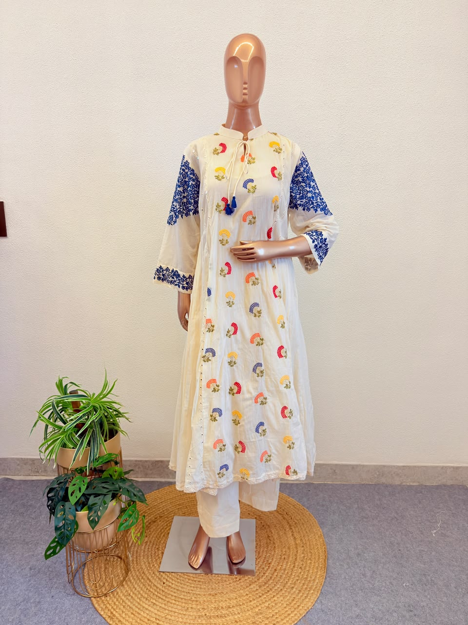 Ivory Kora Cotton Kalidar Suit Set with Embroidered Details