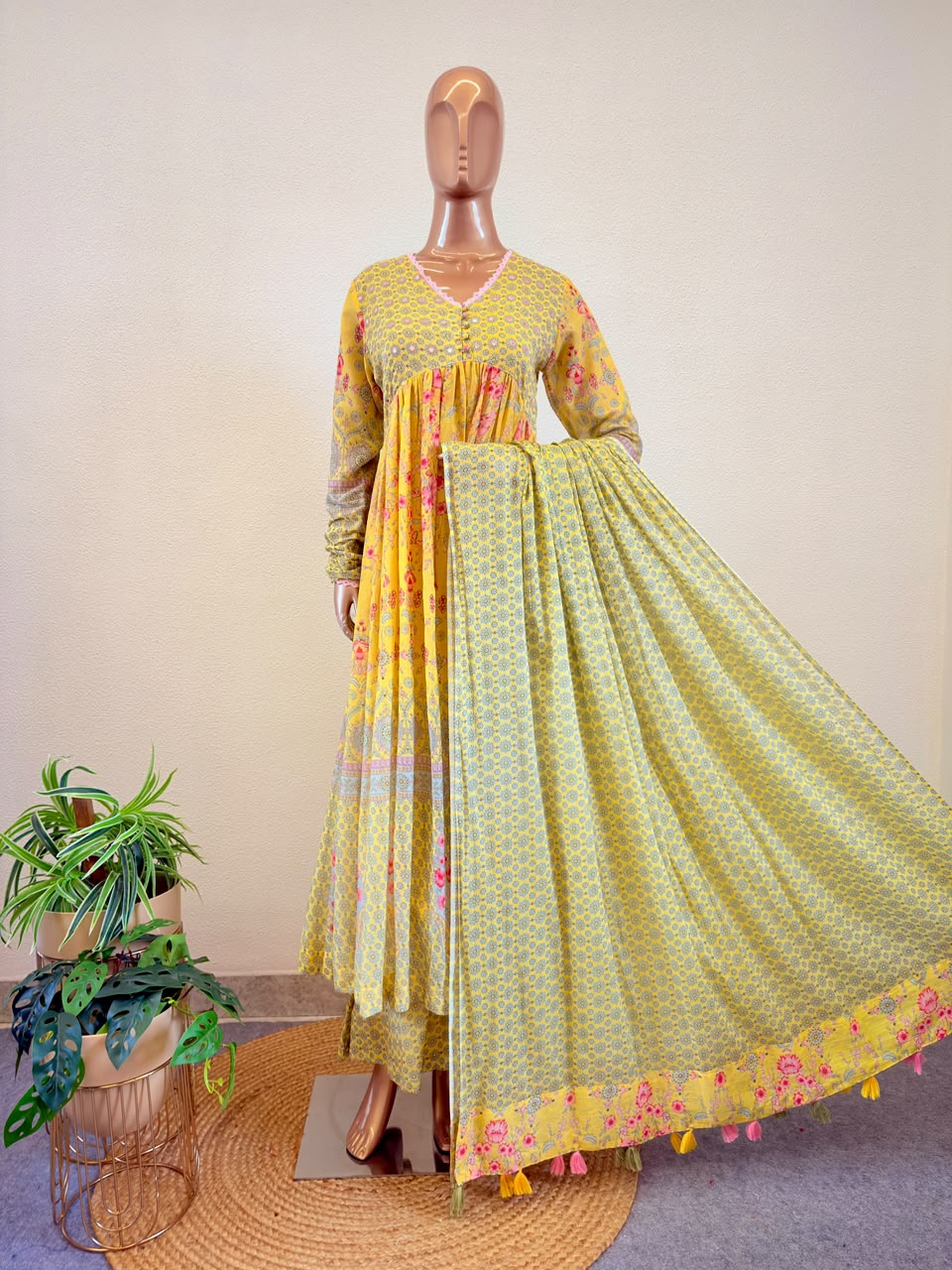 Digital Print Mul Cotton Alia Suit Set with Lace Trim Dupatta