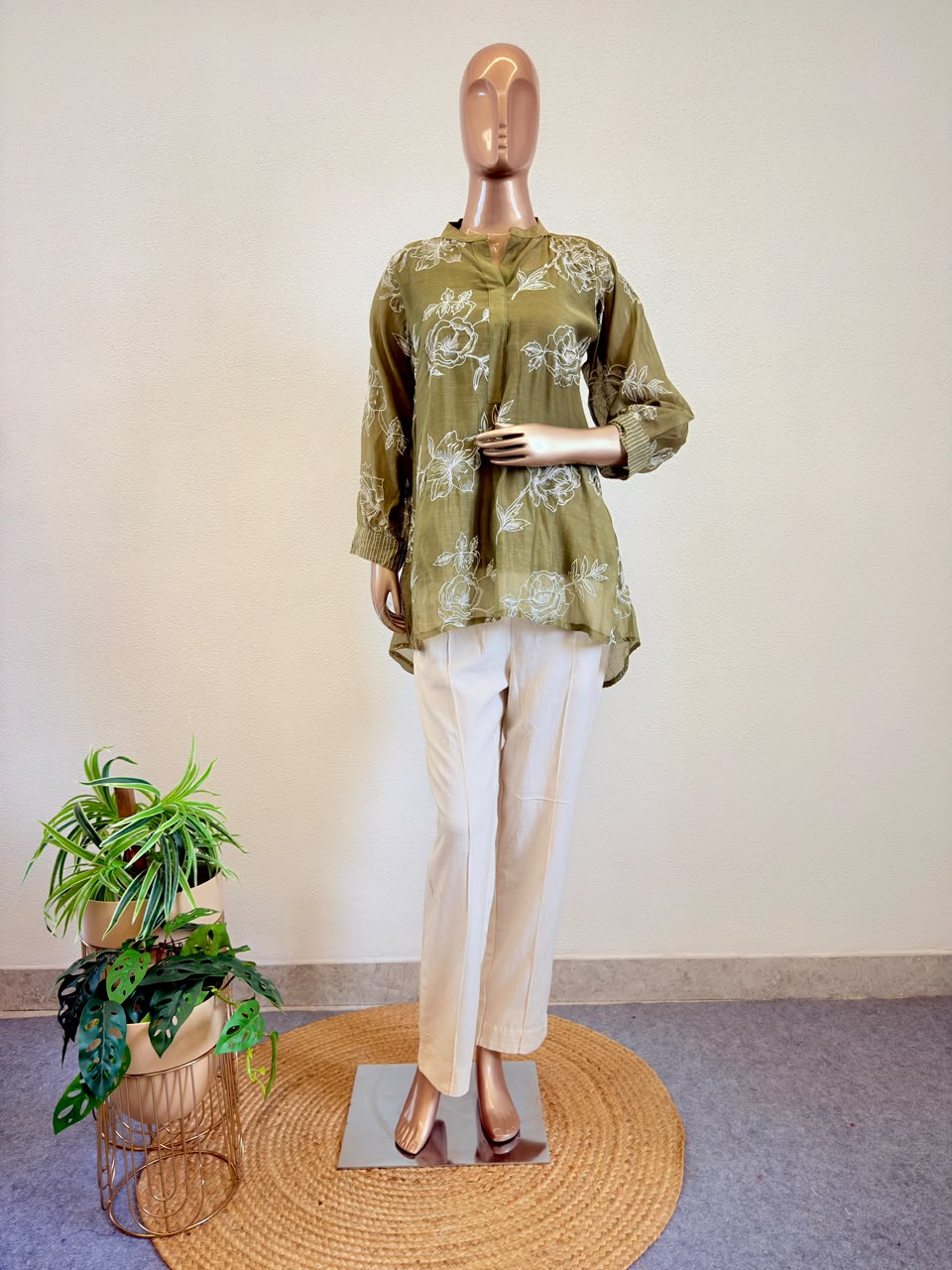 Floral Embroidered High-Low Coord Set with Tailored Trousers