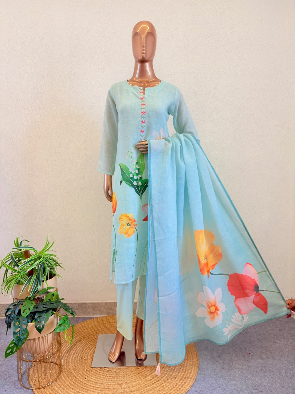 Premium Pastel Aqua Straight Suit Set with Detailed Floral Art