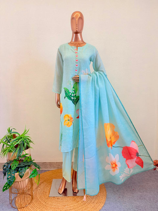 Premium Pastel Aqua Straight Suit Set with Detailed Floral Art