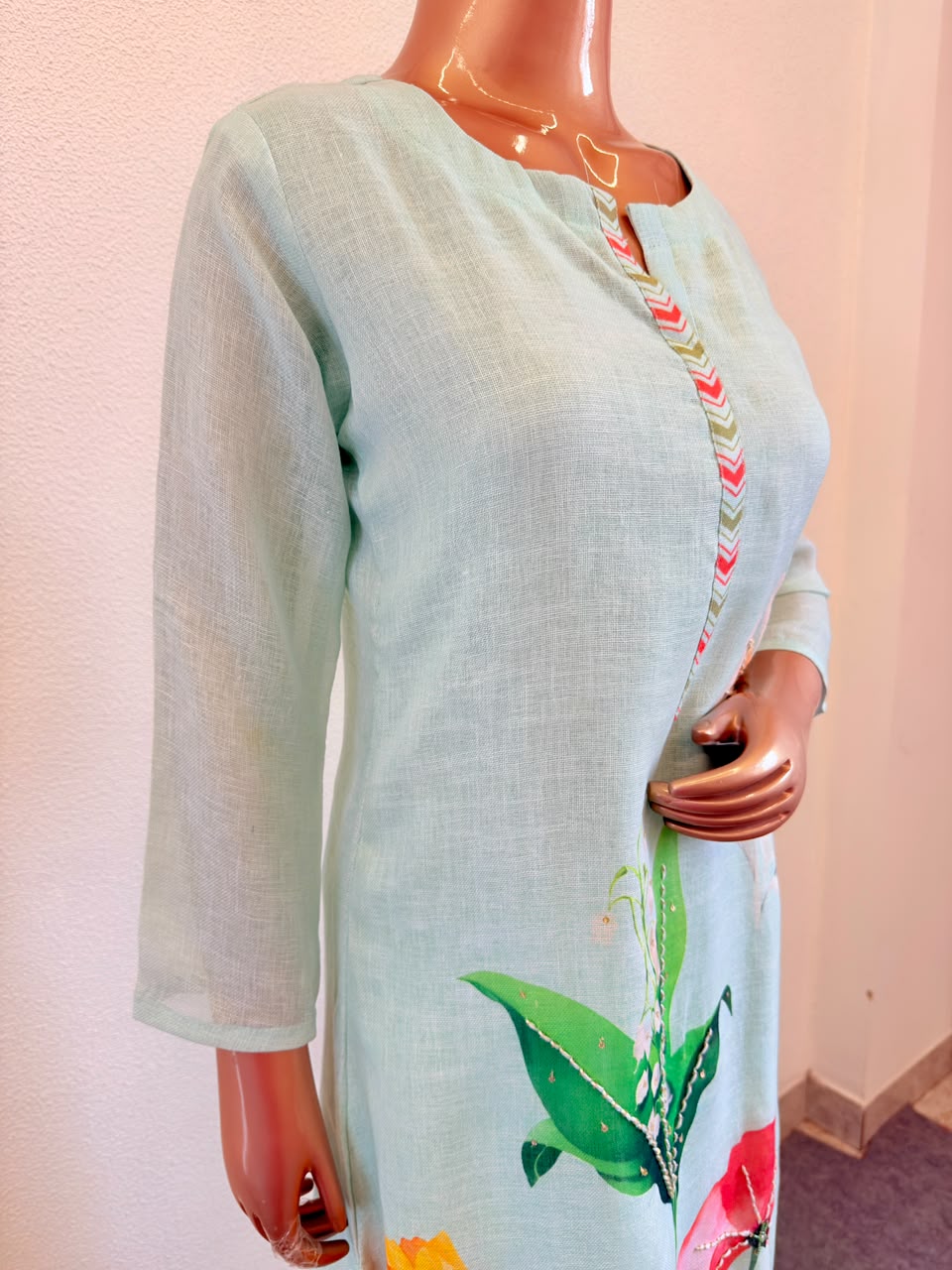Premium Pastel Aqua Straight Suit Set with Detailed Floral Art