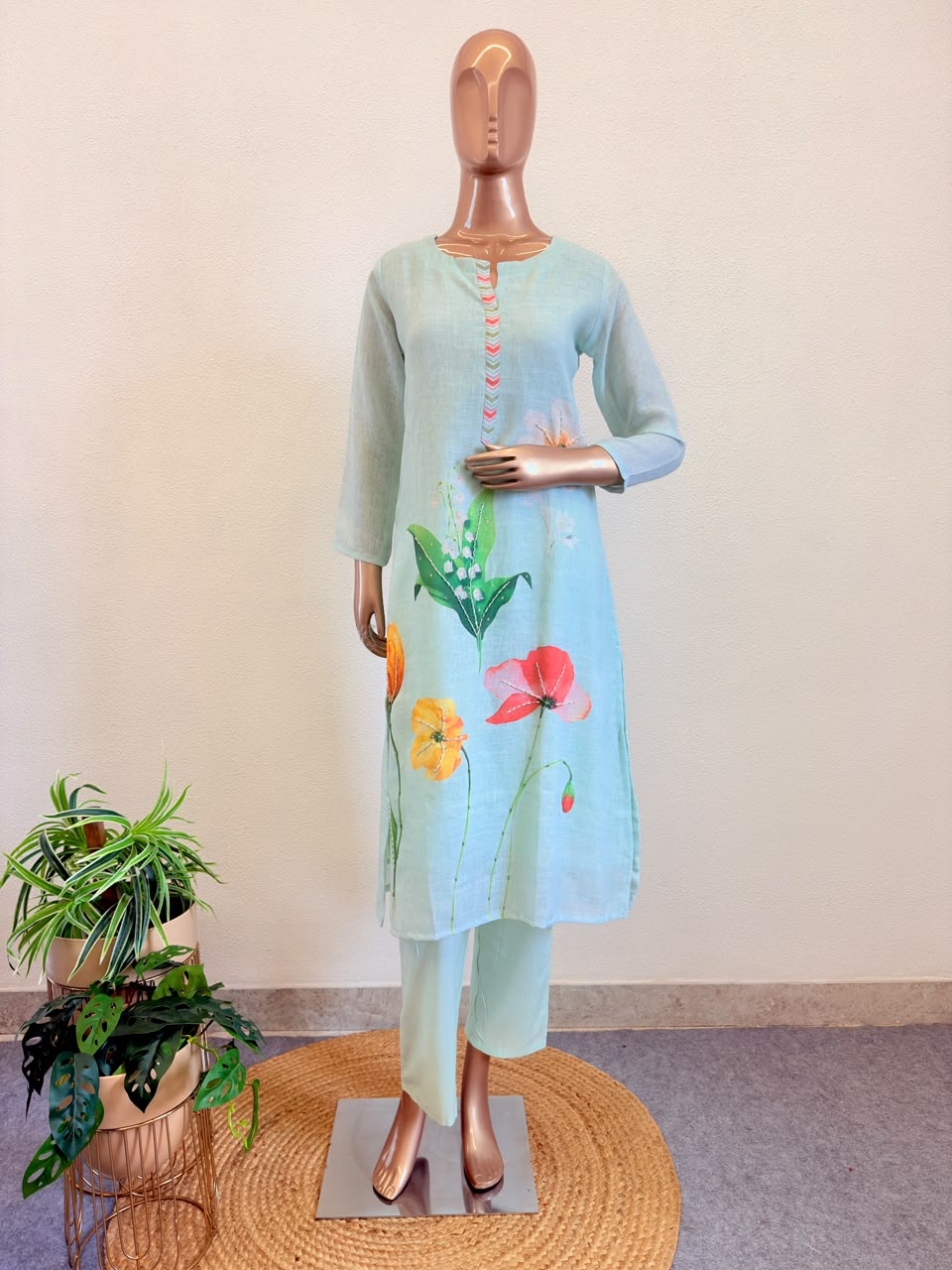 Premium Pastel Aqua Straight Suit Set with Detailed Floral Art