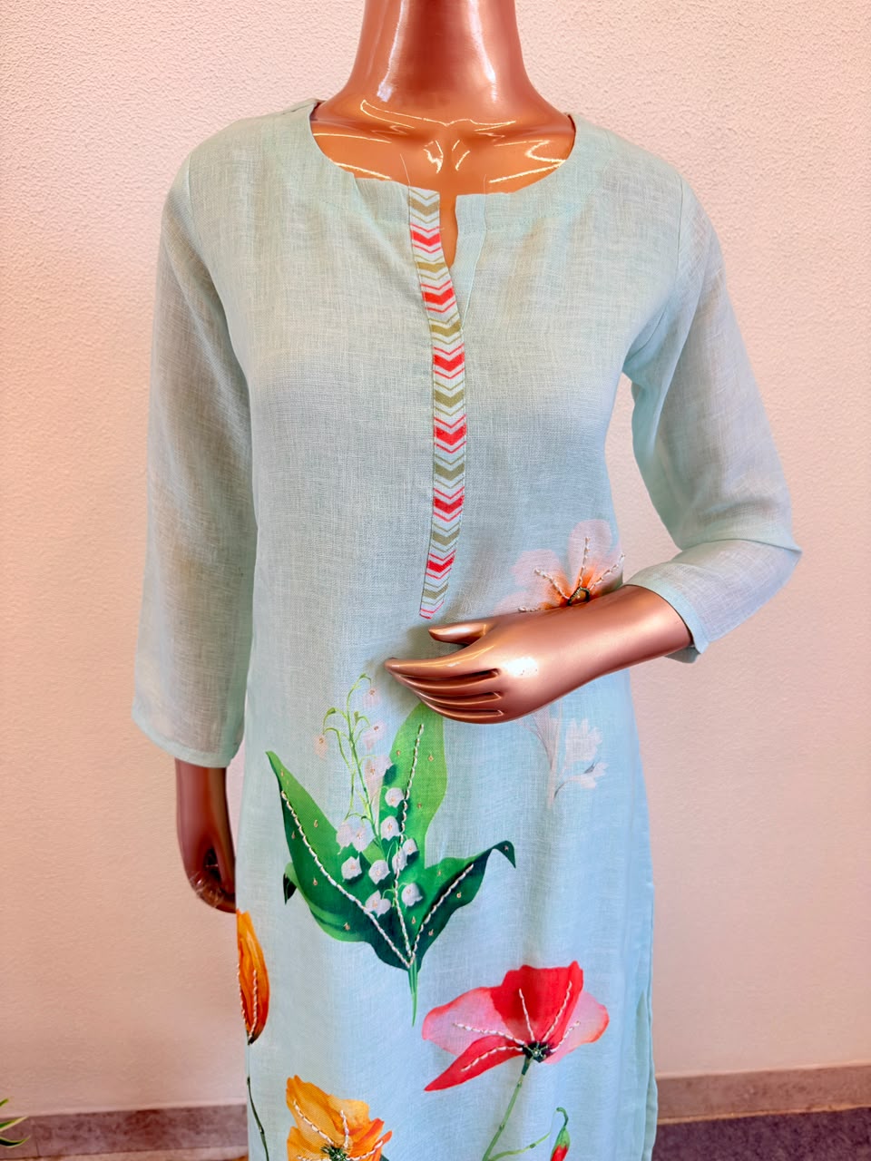 Premium Pastel Aqua Straight Suit Set with Detailed Floral Art