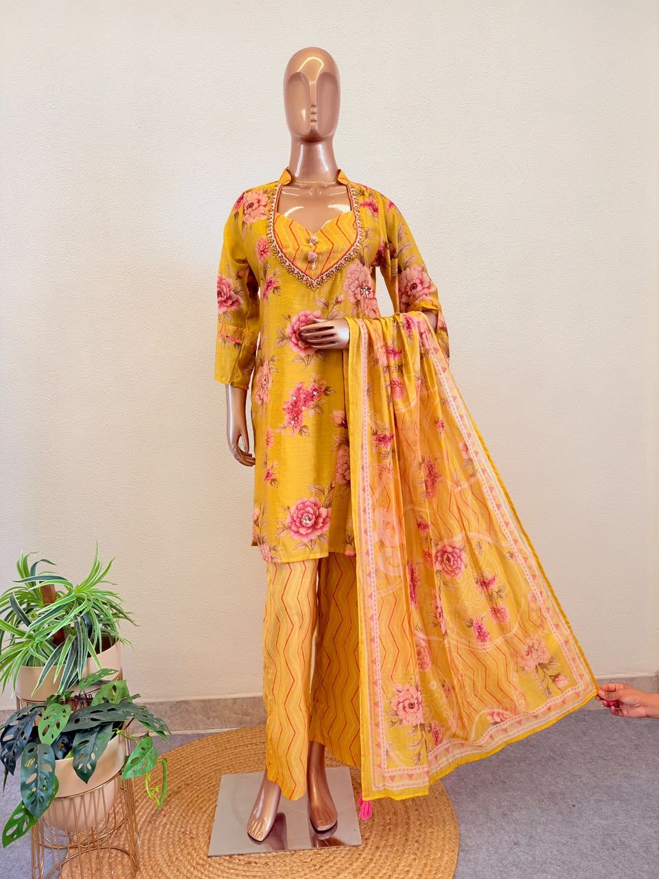 Floral Print 3-Piece Suit Set with Gota Neckline Details and Leheriya Print Pants