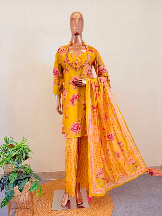 Floral Print 3-Piece Suit Set with Gota Neckline Details and Leheriya Print Pants