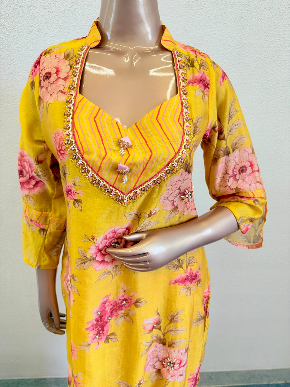 Floral Print 3-Piece Suit Set with Gota Neckline Details and Leheriya Print Pants