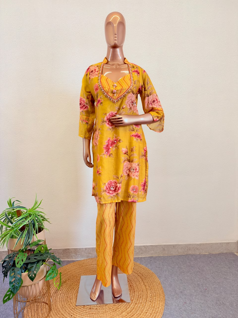 Floral Print 3-Piece Suit Set with Gota Neckline Details and Leheriya Print Pants