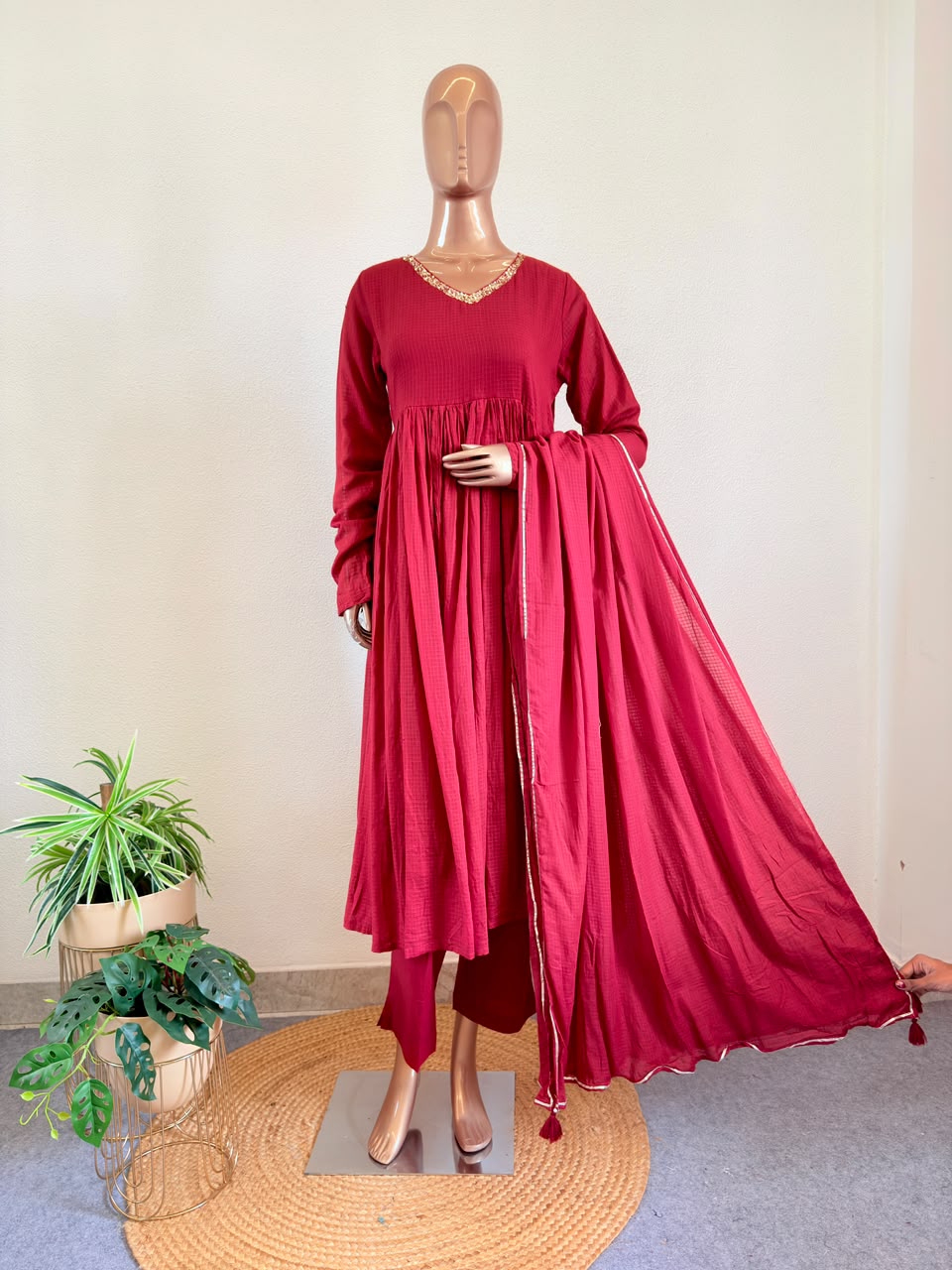 Kota Doria Flared Suit Set with Heavy Neckline Sequin Embroidery