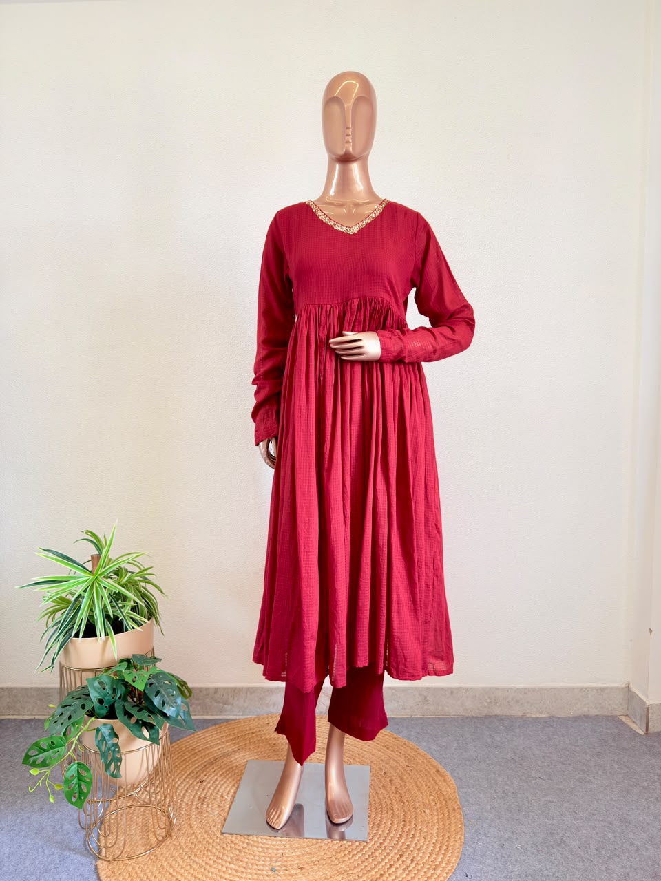 Kota Doria Flared Suit Set with Heavy Neckline Sequin Embroidery